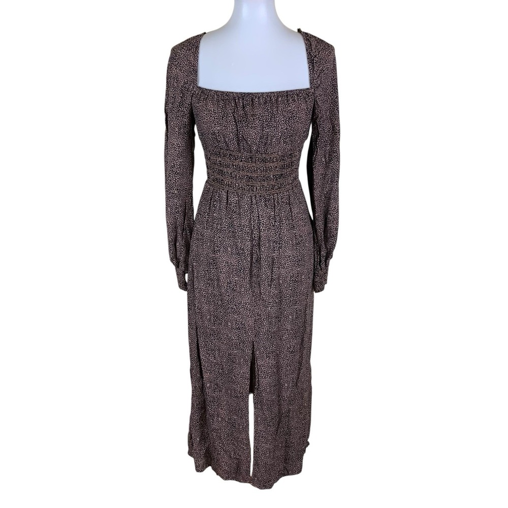 AFRM Brown Ditsy Leopard Print Square Neck Long Sleeve Midi Dress Boho M